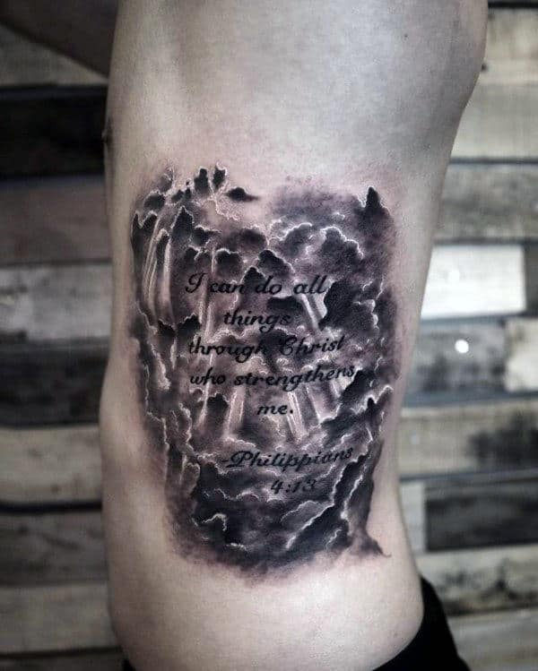Guys Shaded Clouds Philippians 4 13 Heaven Tattoo On Rib Cage Side