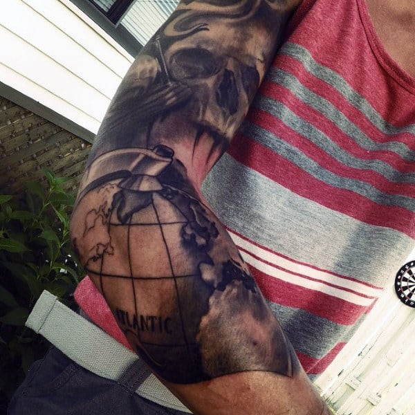 Guys Shaded Globe Skull Sleeve Tattoos