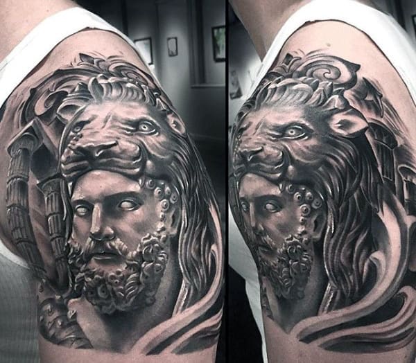 Guys Shaded Half Sleeve Hercules Lionskin Tattoo