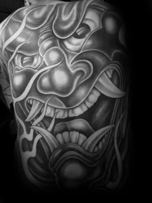 Guys Shaded Japanese Black And Grey Giant Demon Mask Tattoo Design Ideas