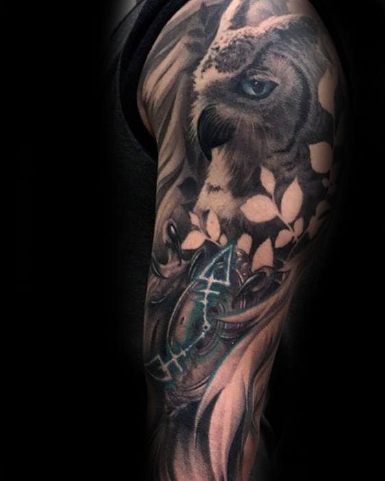 Guys Shaded Owl With Blue Eyes Sleeve Tattoo Designs