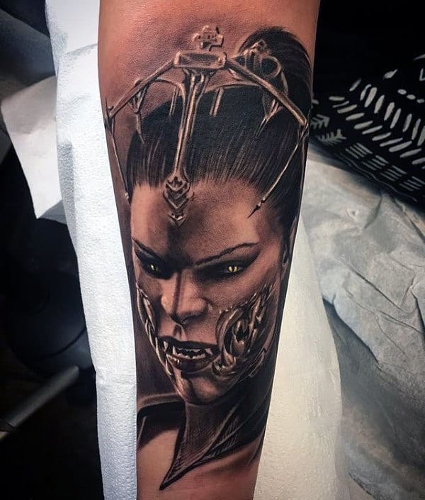 Guys Shaded Portrait Tattoo Of Mileena From Mortal Kombat On Inner Forearms
