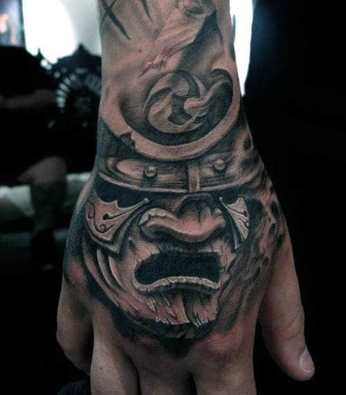 Guys Shaded Samurai Mask Hand Tattoo