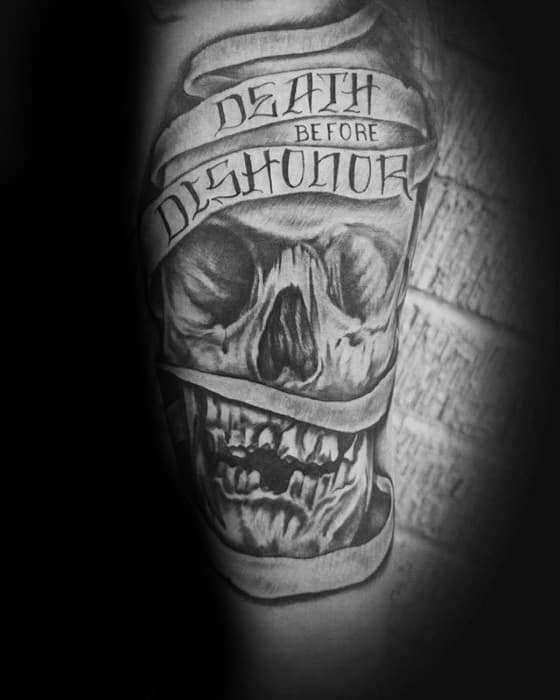 Guys Shaded Skull Death Before Dishonor Inner Forearm Tattoo Ideas
