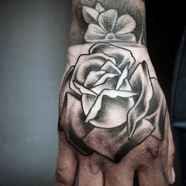 Guys Shaded Traditional Rose Flower Hand Tattoos