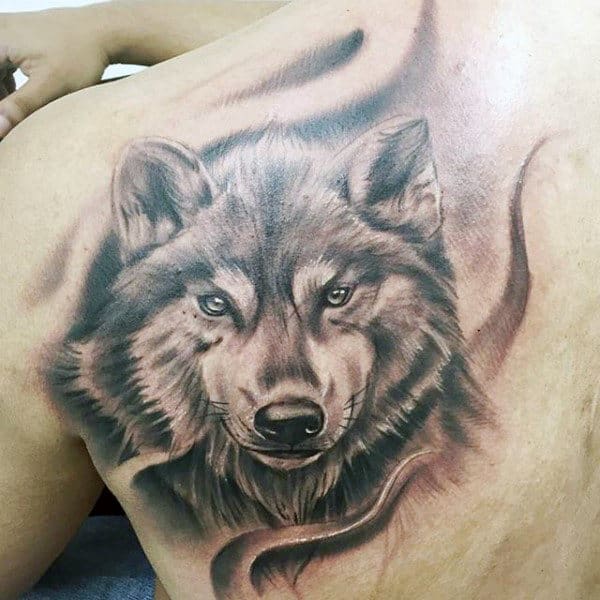Guys Shaded Wolf Back Tattoo