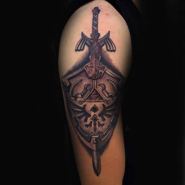 Guys Shaded Zelda Shield And Sword Mens Upper Arm Tattoos