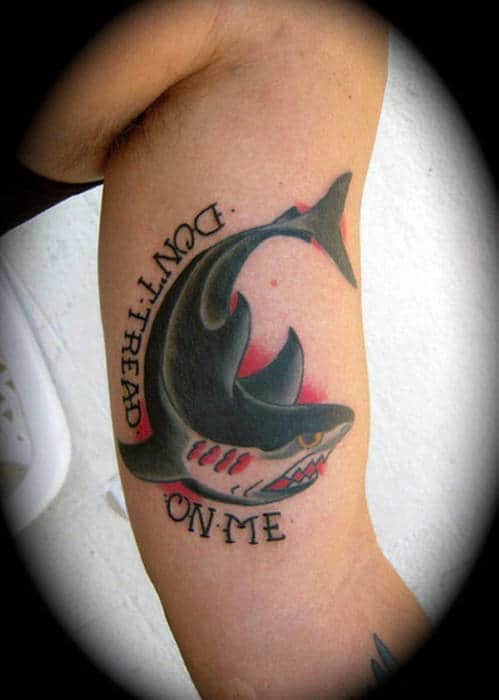 Guys Shark And Dont Tread On Me Text Upper Arm Tattoo