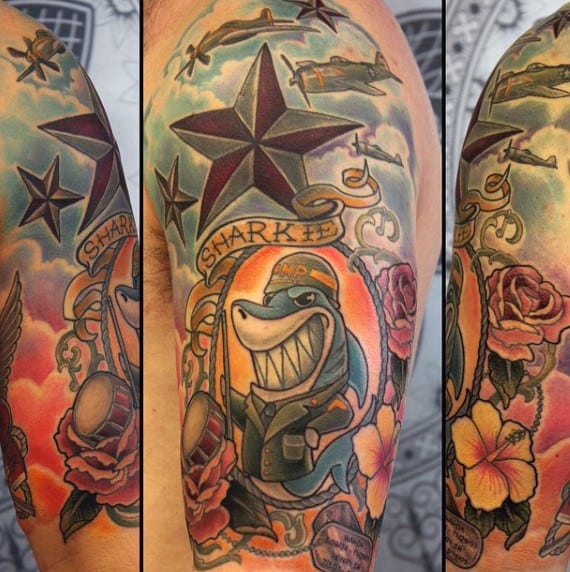 Guys Shark Nautical Star Military Half Sleeve Tattoo