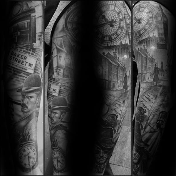 Black and white Sherlock Holmes tattoos featuring a detective, Baker Street sign, and vintage street scene