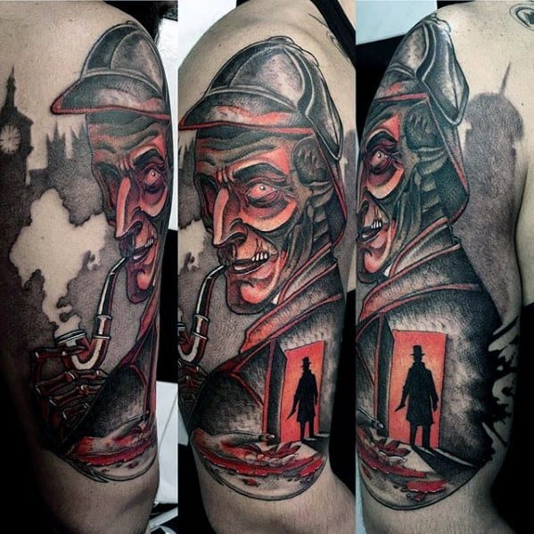 Bold tattoo of Sherlock Holmes with a pipe, London skyline, and a shadowy figure in a red-lit doorway