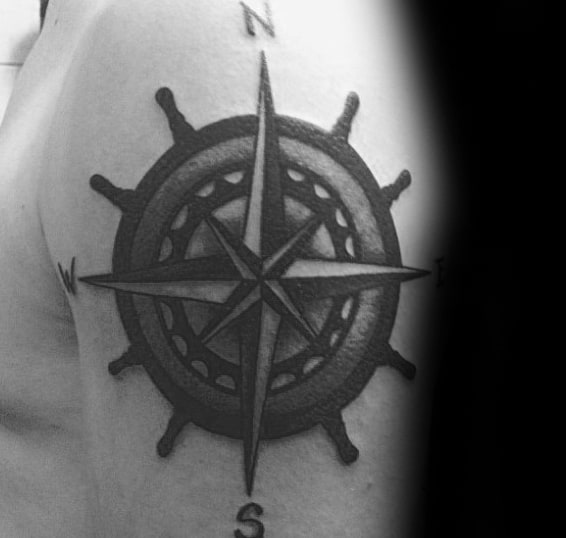 Guys Ship Wheel Nautical Star Upper Arm Tattoos