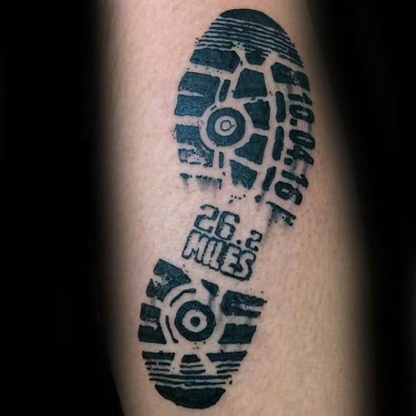 Guys Shoe Print Miles Running Black Ink Tattoo On Arm