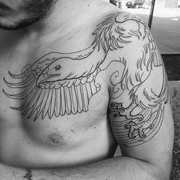 Guys Shoulder Arm And Chest Vulture Black Ink Outline Tattoos