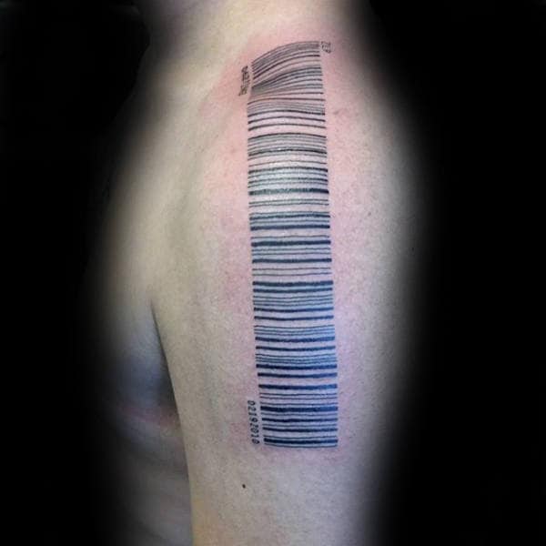 Guys Shoulder Barcode Tattoos