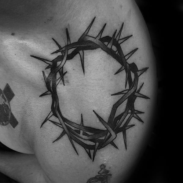 Guys Shoulder Crown Of Thorns Old School Black And Grey Tattoo