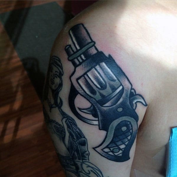 Guys Shoulder Cute Pistol Tattoo