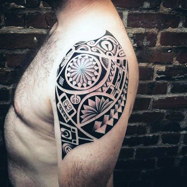 Guys Shoulder Detailed Hawaiian Tribal Tattoos