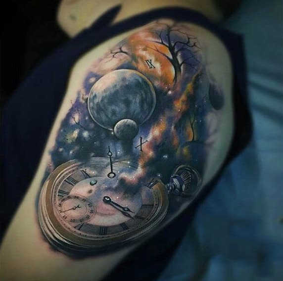 Guys Shoulder Galactic Pocket Watch Tattoo
