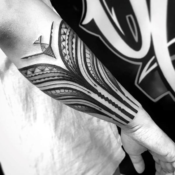 Guys Sick Forearm Sleeve Tattoo With Tribal Design