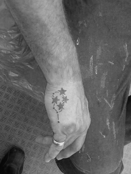 Side hand tattoo for men featuring a group of shaded stars connected by a dotted trail, running along the edge of the hand.
