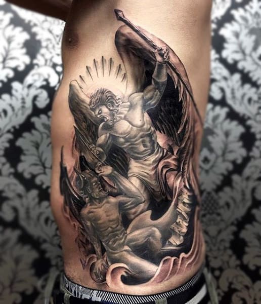 Guys Side Rib Guardian Angel Battle Tattoo