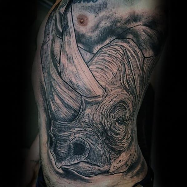 Guys Side Rib Magnificient Grey Dinosaur Tattoo