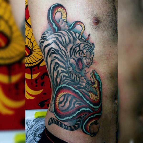Guys Side Tiger And Serpent Neo Traditional Tattoo