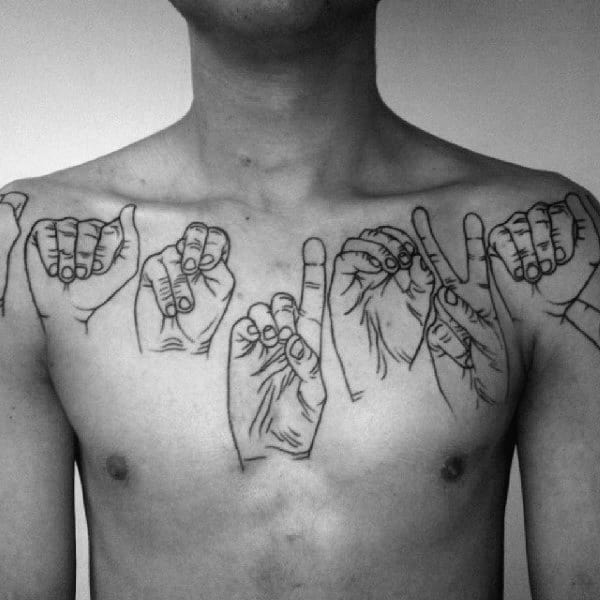 black line tattoo of hands signing a word in American Sign Language, spanning across the chest with a bold and expressive design