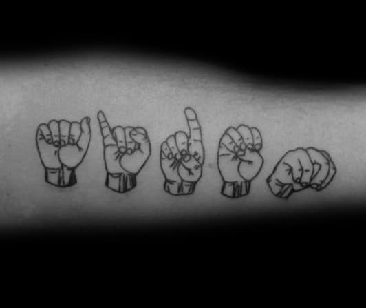 black ink tattoo of hands spelling "love" in American Sign Language, arranged in a row with a simple and clean outline design