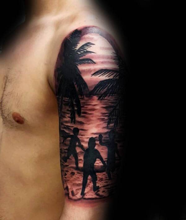 Guys Silhouette Kids Playing On Beach Half Sleeve Tattoos