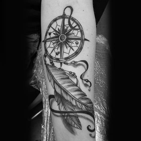 Guys Simple 3d Dreamcatcher Tattoo With Nautical Star Compass