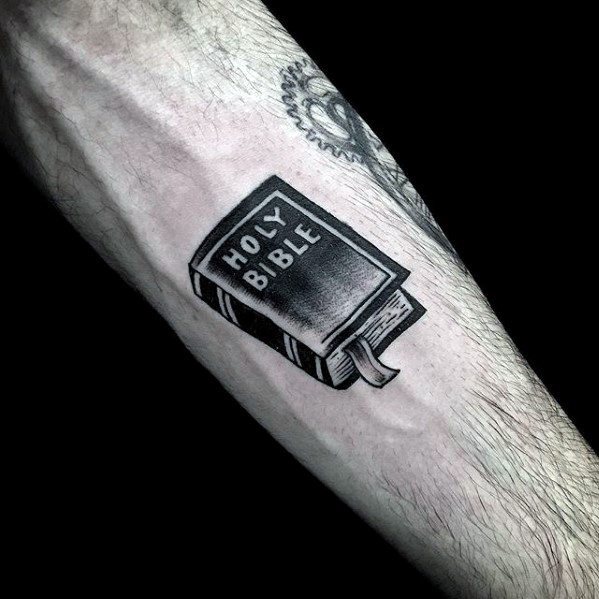 Guys Simple Christian Bible Forearm Tattoo