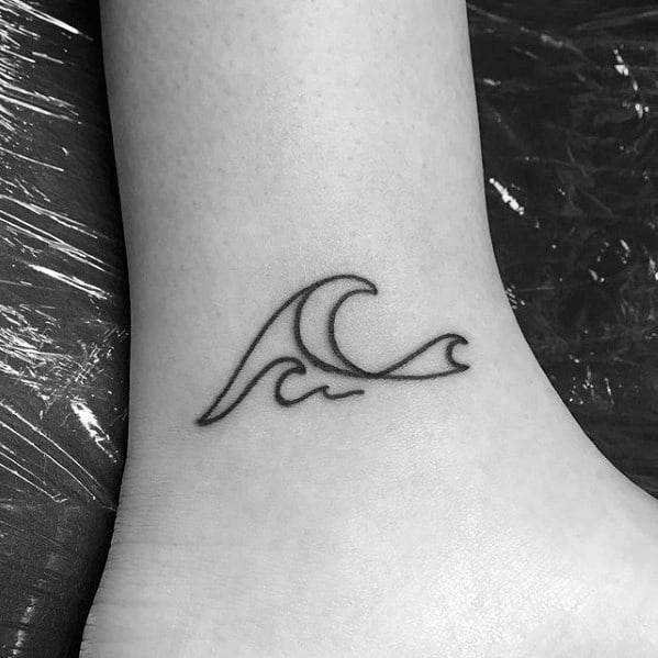 Guys Simple Lower Leg Black Ink Outline Wave Tattoos