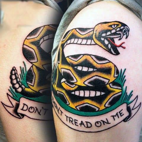 Guys Simple Rattlesnake And Dont Tread On Me Text Upperarm Tattoo