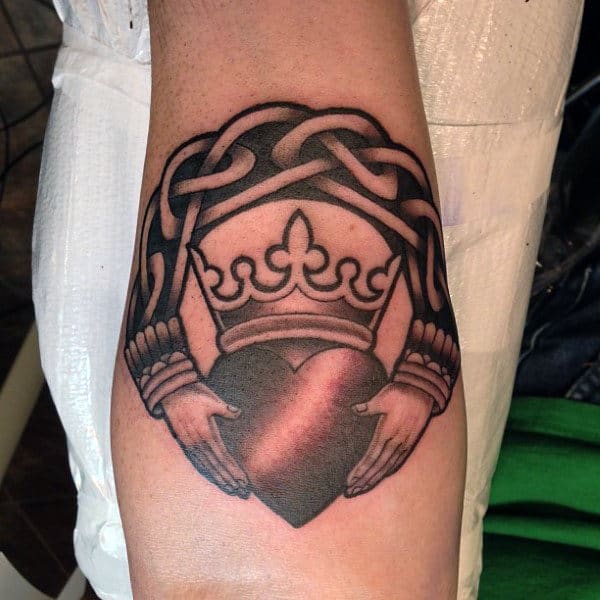 Guys Simple Small Claddagh Tattoo On Forearm