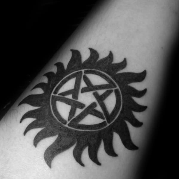 Guys Simple Supernatural Anti Possession Tattoo Design On Inner Forearm