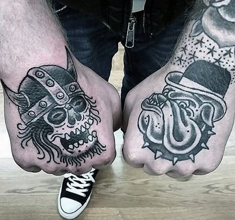 Guys Simple Traditional Skull With Viking Helmet And Bulldog With Top Hat Hand Tattoo Deisgns