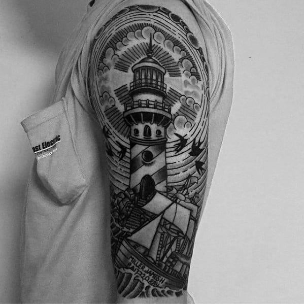 Guys Sinking Ship Lighthouse Half Sleeve Tattoo Deisgns