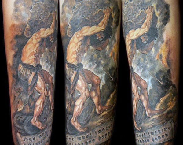 Colorful Sisyphus tattoo sleeve showing him pushing a boulder in a fiery scene with text at the bottom and intense muscle detail.