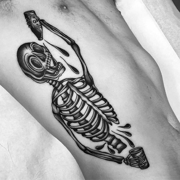 Blackwork tattoo of a grinning skeleton pouring beer from a bottle into a cup, with bold lines and playful dripping details for a humorous, lively vibe.