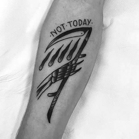 Guys Skeleton Hand Not Today Scythe Forearm Tattoos