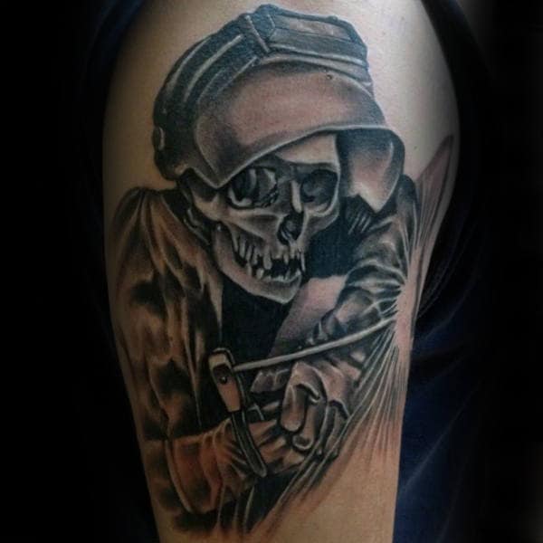 Guys Skeleton Welder Upper Arm Tattoos