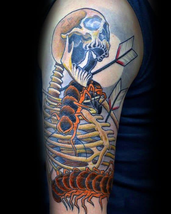 Guys Skeleton With Arrows And Centipede Tattoos Half Sleeve