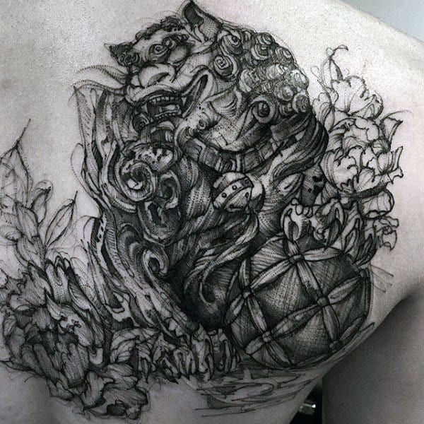 Guys Sketched Black Ink Foo Dog Shoulder Tattoos