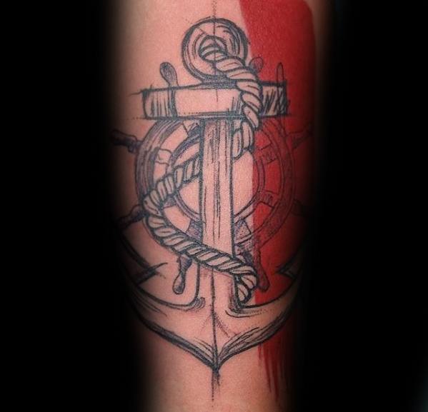 Outline tattoo of an anchor with a rope and ship's wheel on a red background
