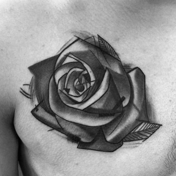 Guys Sketched Rose Flower Shaded Black And Grey Ink Small Chest Tattoos