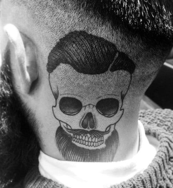 Guys Skull Barber Tattoo With Thick Hair And Beard