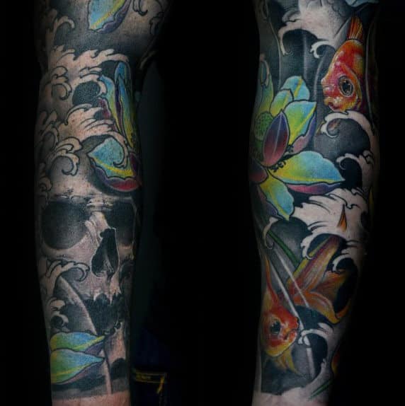 Guys Skull Lotus Flower Sleeve Tattoo Ideas