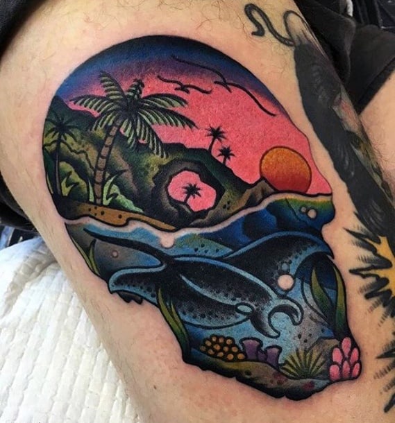 Guys Skull Manta Ray Tattoos On Thigh Of Leg